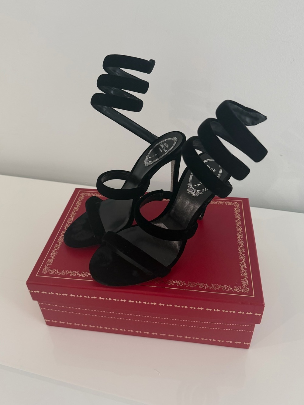 Rene Caovilla Black Spiral Wrap Suede Heels